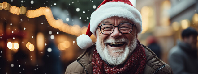 Happy old good-looking man in santa hat walking in sity street at winter. Christmas background. Aging with dignity. Older people leading an active and fulfilling life. Banner, copy space for your text