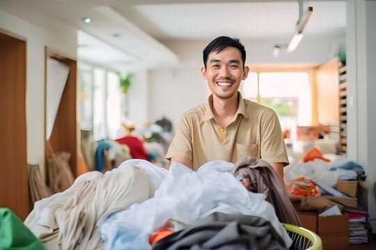 Young Asian man happy carrying messy dirty clothes in basket at home