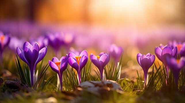 Crocus spring flower Growth In The summer with beautiful sunlight. Beautiful Floral wide panorama. Purple Crocus Iridaceae, spring background with bokeh wide angle