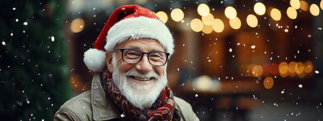 Happy old good-looking man in santa hat and glasses walking in sity street at winter. Christmas background. Aging with dignity. Older people leading an active and fulfilling life. Banner, copy space