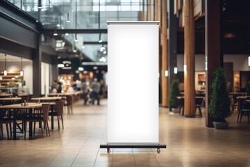 roll up mockup poster stand in an shopping center restaurant mall environment as poster stand banner design with blank empty copy space area