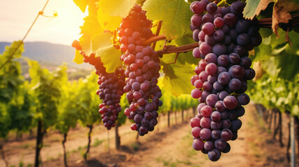 Naklejka premium Grape field growing for wine. Red grapes close-up, Vineyard hills. Summer scenery with wineyard rows in Italy Tuscany