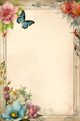 vintage antique old frame with flowers and butterfly - generative AI