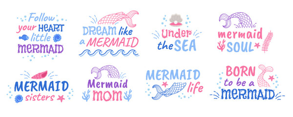 Slats personalizados crianças com sua foto Mermaid quotes. Mermaids lettering slogan quote for t-shirt print or girl scrapbook, font phrase of cute princess with tail, underwater sea concept ingenious vector illustration