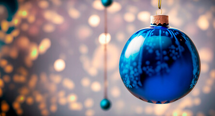 Christmas decorations. Shiny balls. Bokeh lights. Copy space. AI Generated