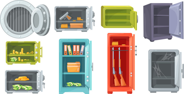 Cartoon open safes. Opened empty safe strongbox locker with money gold or guns, vault bank door for cash security, compact deposit box financial investment neat vector illustration