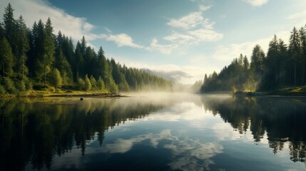 A mist-covered lake surrounded by dense pine forests, with the reflection of the trees on the calm and still water.