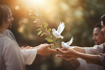 A essence of International Day of Peace with diverse people holding white doves or olive branches against a peaceful background. Generative Ai - obrazy, fototapety, plakaty