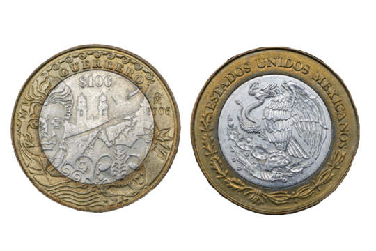 Moneda Heráldica de 100 pesos Mexicanos del Estado de Guerrero 2006, Anverso Escudo Nacional, Reverso: silueta de Taxco, clavadista, flor de nochebuena y mascara de ocelote