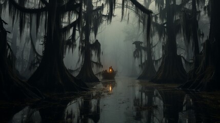A misty and mysterious swamp, with twisted trees and hanging Spanish moss, creating an eerie and atmospheric setting.