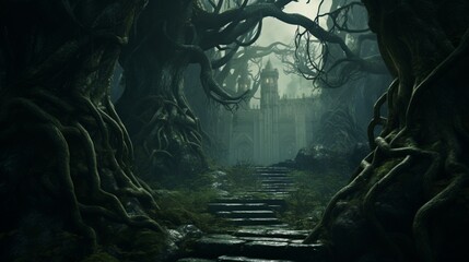 A misty and mystical forest with ancient trees and tangled vines, creating an enchanting and otherworldly atmosphere.