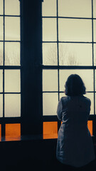 A young woman dressed in  retro-style trench coat stands on the windowsill with her back turned and...