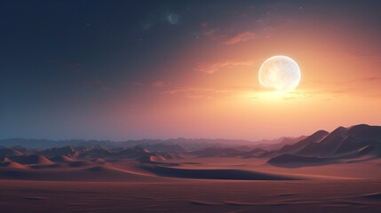 Fototapeta premium A moonlit desert landscape with sand dunes stretching as far as the eye can see, bathed in the soft light of the full moon.