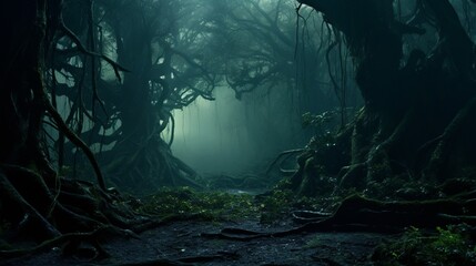 A misty and mystical forest with ancient trees and tangled vines, creating an enchanting and otherworldly atmosphere.