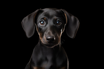 Portrait of black cute puppy dog looking at camera on black background. Copyspace, pet,animals,dogs,puppy concept