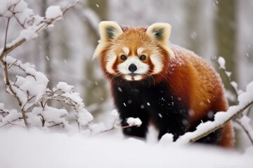 winter red panda in snow. Generative AI