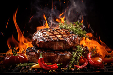 steak cooking on fire with vegetables, bbq grill with flames, cooking juicy delicious beef meat