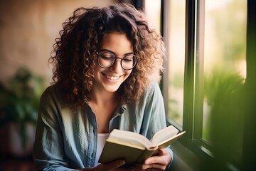beauty woman reading book in cafe, sitting near window, empty space