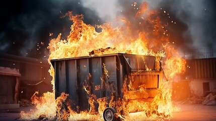 A dumpster engulfed in flames in a parking lot. Dumpster Fire.