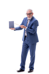 Old businessman holding book isolated on white