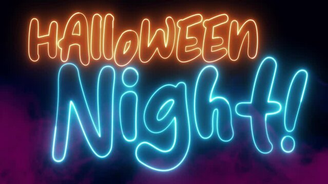 Halloween Night text font with light. Luminous and shimmering haze inside the letters of the text Halloween Night. Halloween Night neon sign.