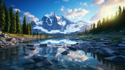 A breathtaking landscape with a majestic mountain and a serene lake in the foreground