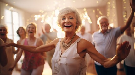 Older adults dancing in a lively room filled with joy and movement