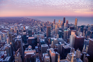 Cityscape aerial view of Chicago from observation deck at sunset