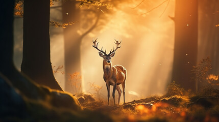 Young beautiful deer in a sunrise and misty forest. Natural woodland dawn landscape. Dark shadows...