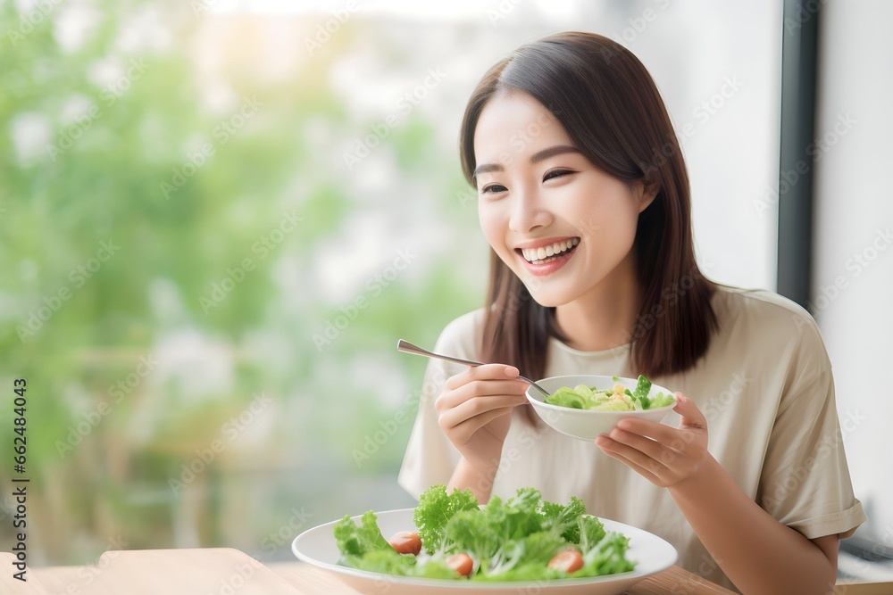 Wall mural happy asian woman eating green salad for good health