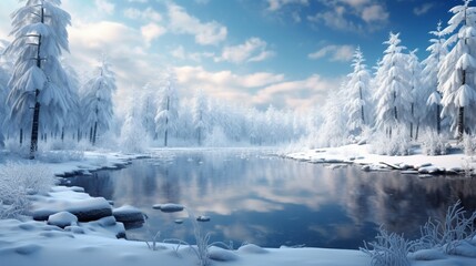 A serene winter landscape with a snow-covered forest and a small frozen pond reflecting the surrounding trees.