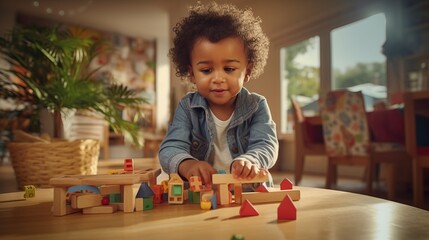 A child having fun and learning with wooden blocks on a table