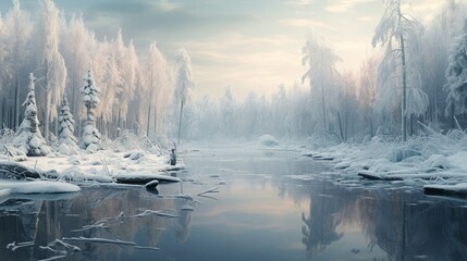 A serene winter landscape with a snow-covered forest and a small frozen pond reflecting the...