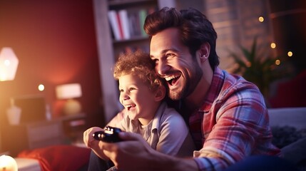 A father and son bonding while playing a video game together