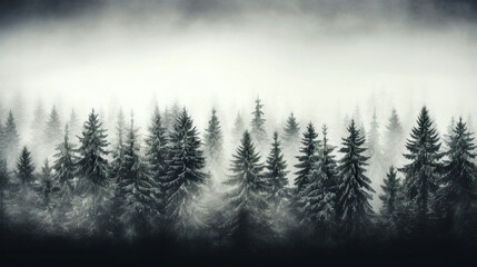 Pine trees in the fog - dark forest with dramatic light - generative AI