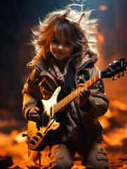 Obraz premium Little kid rock star playing electronic guitar on stage, emotion enjoyment drive, fun smiles and laughter