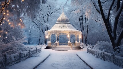 A snow-covered gazebo in a park, with a winding path and frosted trees, creating a magical winter wonderland. - obrazy, fototapety, plakaty