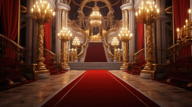 red carpet in palace or castle interior with golden stairs and chair 