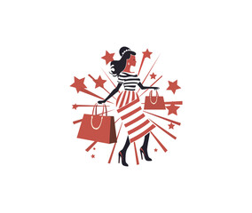 Fashion woman shopping  and holding bags and purshases illustration vector logo