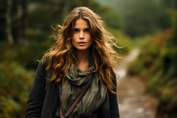 Naklejka premium European Elegance, A Stylish Woman Posing for an Outdoor Fashion Shoot