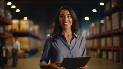 A woman with a tablet in a warehouse - obrazy, fototapety, plakaty