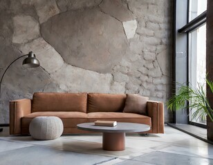 Brown sofa and round coffee table against abstract stone wall. Loft minimalist home interior design of modern living room
