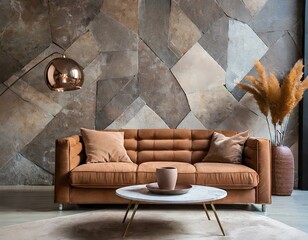 Brown sofa and round coffee table against abstract stone wall. Loft minimalist home interior design of modern living room