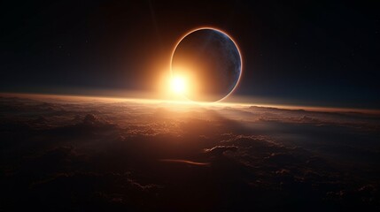 A solar eclipse casting a dramatic shadow on Earth, with the moon partially covering the sun in a...
