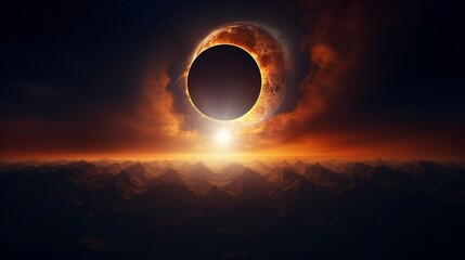 A solar eclipse casting a dramatic shadow on Earth, with the moon partially covering the sun in a twilight sky.