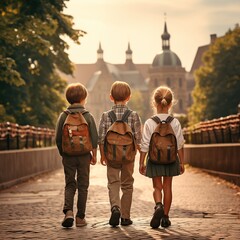 Three children on the way to boarding school, ai generated