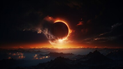 A solar eclipse casting a dramatic shadow on Earth, with the moon partially covering the sun in a twilight sky.