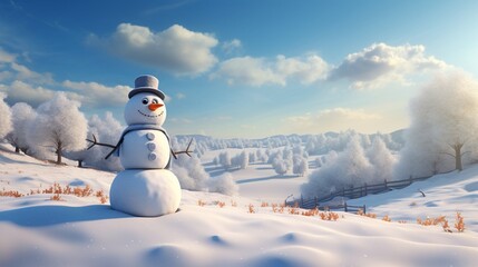 A solitary snowman standing in a snowy meadow, with a carrot nose and scarf, set against a serene winter landscape.