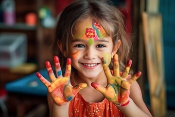 child girl shows his hands full of colored paint