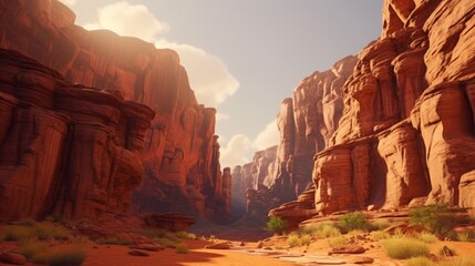 A sunlit canyon with towering red rock formations, casting long shadows on the canyon floor and creating a striking landscape.